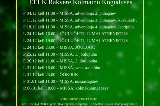 Detsembrikuu jumalateenistused Rakvere Kolmainu kirikus